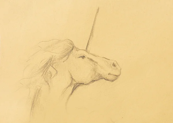Aserrado a lápiz Dibujo unicornio a lápiz sobre papel viejo, papel vintage —  Fotos de Stock