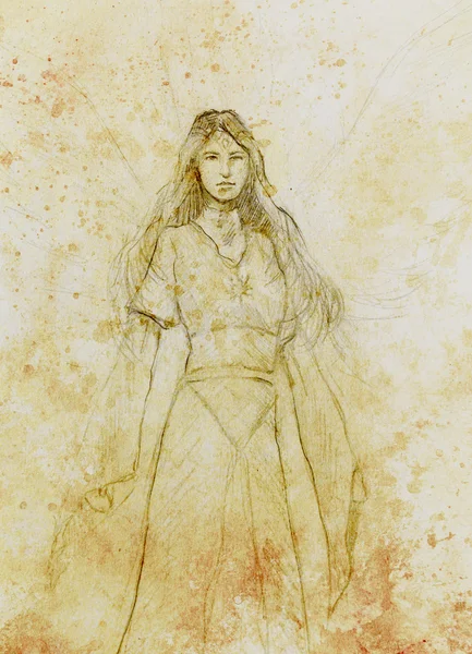 Dibujo de mujer ángel místico en hermoso vestido histórico . — Foto de Stock