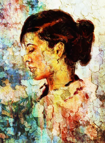Art colorful painting beautiful girl face and crackle background. — Stock Photo, Image