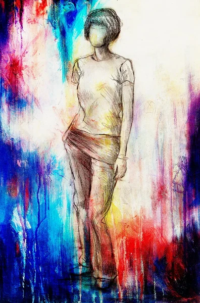 Stehende Figur Frau, Bleistiftskizze auf Papier. Aquarell Hintergrund. — Stockfoto