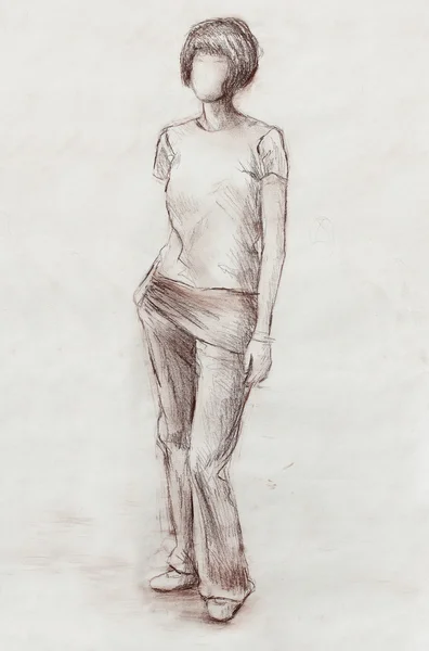 Stehende Figur Frau, Bleistiftskizze auf Papier. Aquarell Hintergrund. — Stockfoto