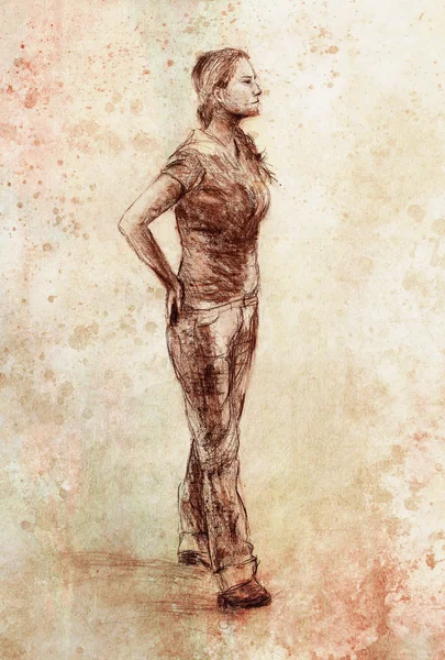 Femme figure debout, croquis au crayon sur papier. Aquarelle fond . — Photo