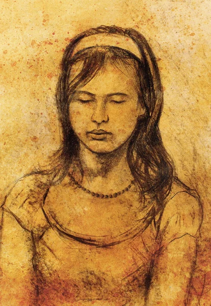 Art drawing beautiful girl face and sepia background. — Stock Photo, Image