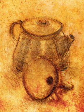 Drawing tea kettle on old paper. Original hand draw. clipart