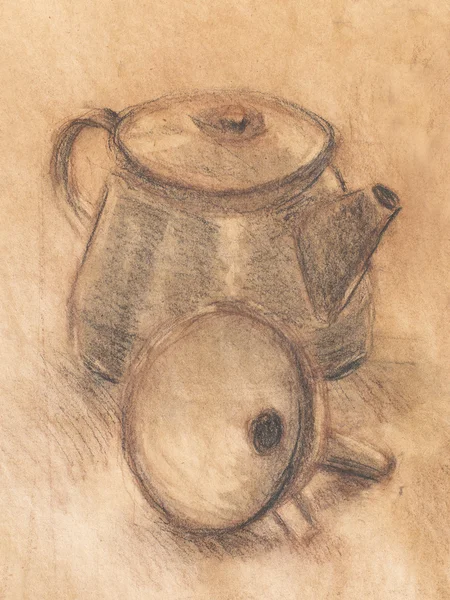 在旧纸张上画茶壶。原始的手工绘制. — 图库照片