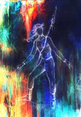 Genç Kızılderili Kızılderili savaşçı mızrak silah, şekil çizim ile. Bilgisayar kolaj.