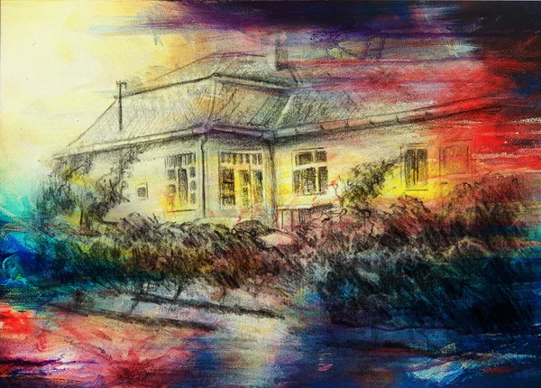 Desenho a lápis de uma casa com jardim de vinho na frente. fundo de pintura a cores. colagem informática. — Fotografia de Stock