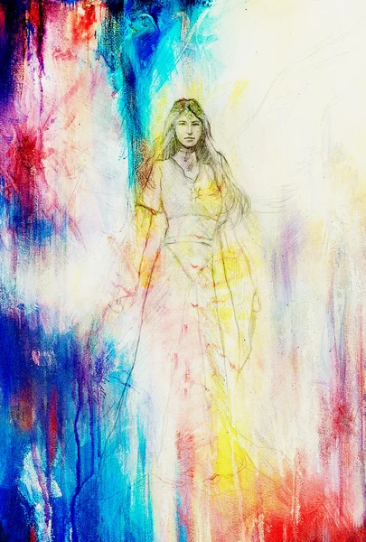 Малюнок містичної жінки-ангела в красивій історичній сукні . — стокове фото