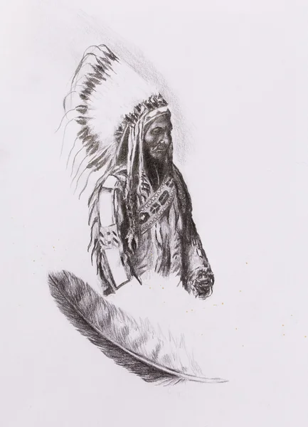 Dibujo del capataz indígena nativo americano Sitting Bull - Totanka Yotanka según fotografía histórica, con hermoso tocado de plumas . —  Fotos de Stock