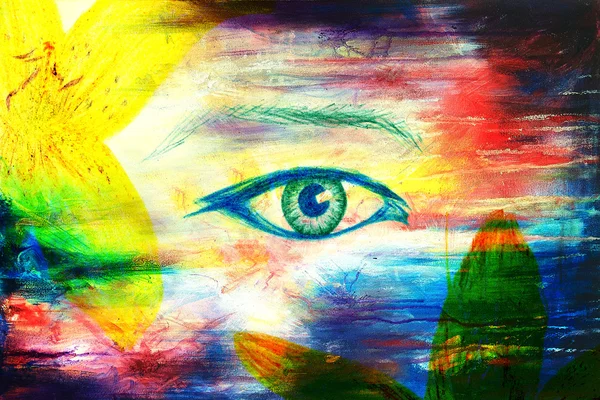 çiçek, renk karakalem, göz teması ile kadın gözleri. Bilgisayar kolaj.