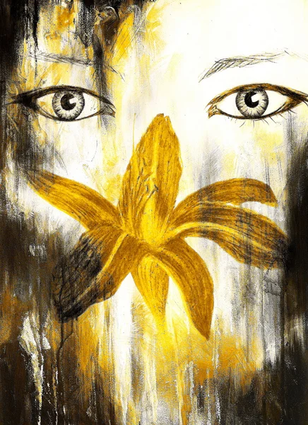 Žena oči s flower, barevná kresba tužkou, oční kontakt. — Stock fotografie