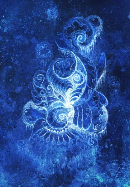 Ornamentale Filigran-Zeichnung mit gefrorenen Wintergefühlen, spiralförmigen und abstrakten linearen Strukturmustern Farbeffekt und Computercollage. — Stockfoto