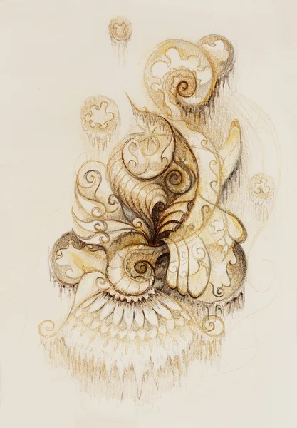 Dibujo filigrano ornamental sobre papel con espirales, pétalos de flores y patrón de estructura de llama, efecto de color y collage de computadora . —  Fotos de Stock