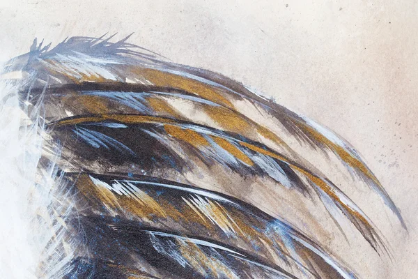 Original painting, black feathers with gold and silver glitter effect. — Stock Photo, Image