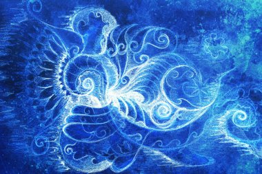 Donmuş kış zamanı hissi, sarmal ve soyut doğrusal yapı desenli süslemeli filigran çizimi Renk etkisi ve Bilgisayar kolajı.