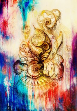 süs filigran spiraller, çiçek yaprakları ve alev yapısı desen, renk efekti ve bilgisayar kolaj kağıt üzerine çizim.