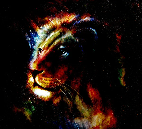 Лев малює на абстрактному кольоровому фоні. Портрет профілю . — стокове фото