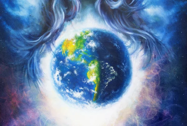 Planeta Terra em espaço cósmico cercado por cabelos de mulher azul, fundo espaço cósmico. Pintura original sobre tela. Conceito terrestre . — Fotografia de Stock
