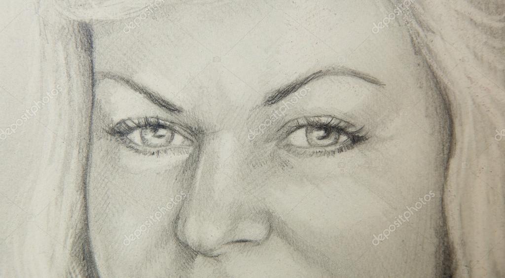 Atrakcyjna Kobieta Oko Bliska Rysunek Ołówkiem Zdjęcie