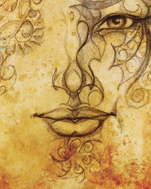 Süs, kalem çizimi, göz teması olan erkek yüzü. Sepya etkisi ve Bilgisayar kolajı.