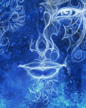 Adam yüz süsleme, karakalem, göz teması. Renk efekti ve bilgisayar kolaj.