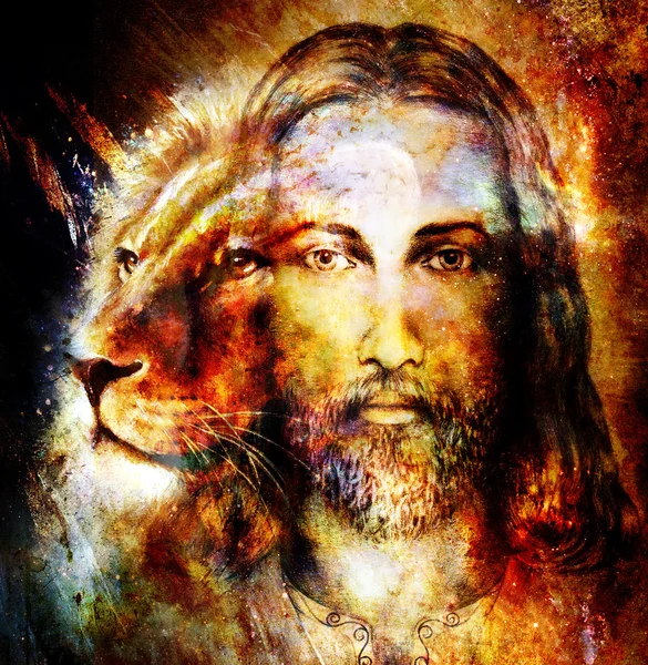 Schilderij van Jezus met een leeuw, op prachtige kleurrijke achtergrond met een vleugje ruimtegevoel, leeuwenprofielportret. — Stockfoto