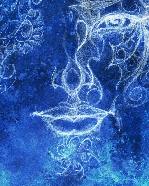 Adam yüz süsleme, karakalem, göz teması. Renk efekti ve bilgisayar kolaj.