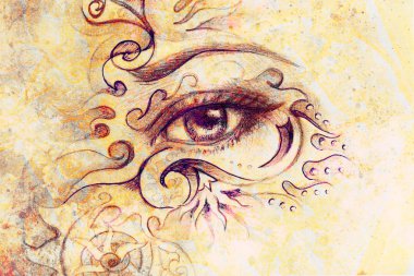 kadın gözü ile süsleme, karakalem, göz teması. Renk efekti ve bilgisayar kolaj.