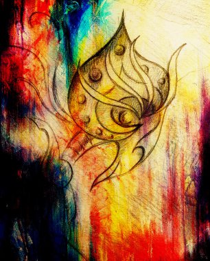 allien figure  ornamental drawing on paper. Color effect and Computer collage.