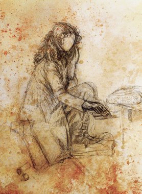 Bilgisayar önünde oturan genç bir kadın, kağıt arkaplan. Sepya rengi.