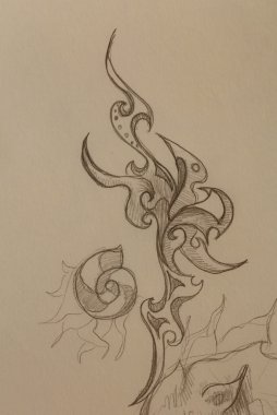 süs filigran çiçek ve alev yapısı desenli kağıt üzerine çizim.