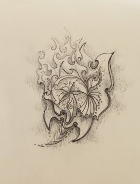 ornamental filigran drawing on paper with flower and flame structure pattern, Color effect and Computer collage.