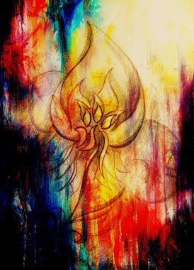 süs filigran spiraller, çiçek yaprakları ve alev yapısı desen, renk efekti ve bilgisayar kolaj kağıt üzerine çizim.