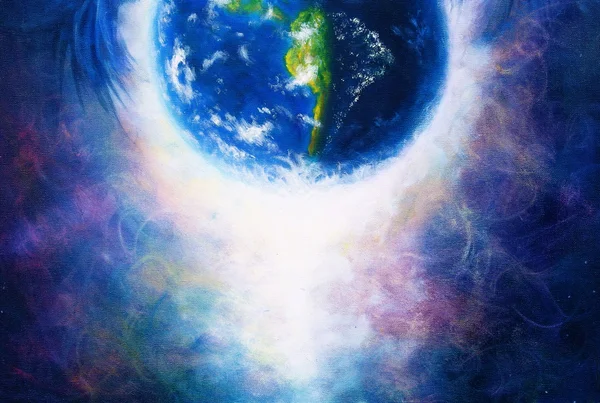 Planeta Terra em luz, fundo espacial cósmico. Pintura original sobre tela. Conceito terrestre . — Fotografia de Stock