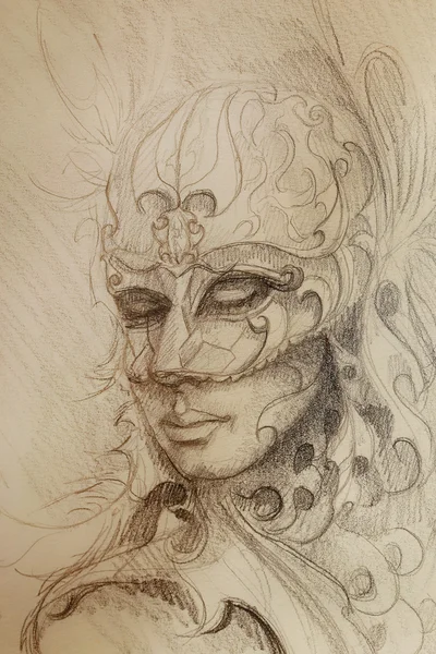 Pencil drawing on paper, woman in ornamental venetian mask. — Stock Photo, Image