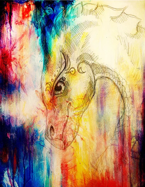 Bleistiftzeichnung Drache und Farbe abstrakten Hintergrund. — Stockfoto