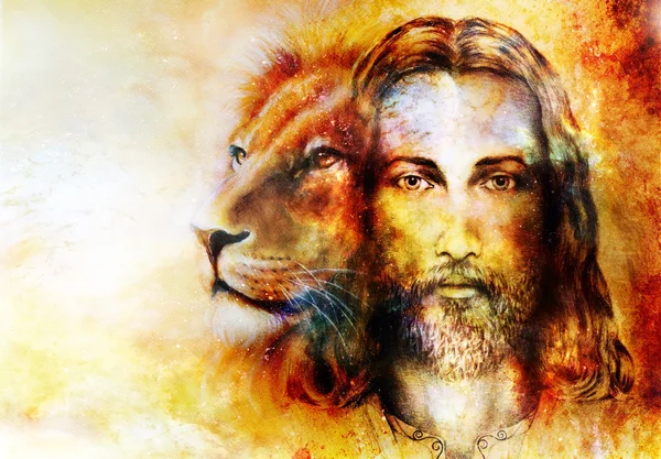 Painting of Jesus with a lion, on beautiful colorful background with hint of space feeling, lion profile portrait. — Stock Photo, Image