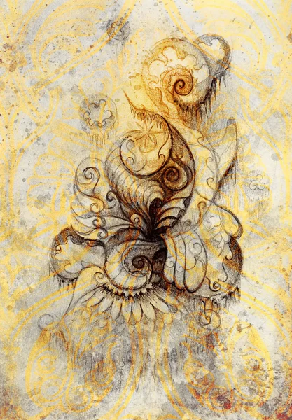 Decoratieve filigran tekenen op papier met spiralen, bloemblaadjes en vlam structuur patroon, kleureffect en Computer collage. — Stockfoto