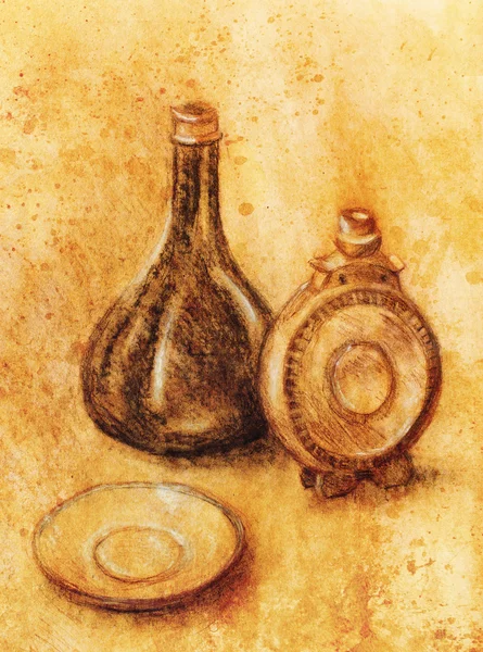在纸上画瓶、 葡萄酒瓶。原始的手工绘制和颜色效果. — 图库照片