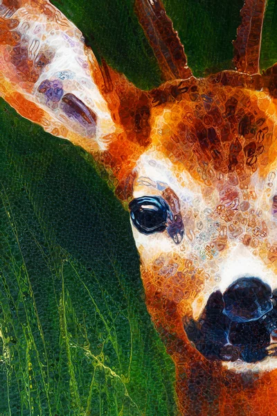 Pintura de ciervos sobre lienzo, y el fondo de hierba y efecto de vidrio . —  Fotos de Stock