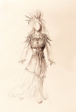 Kağıt, Kızılderili kadın ve tüyleri ve ok saç karakalem.