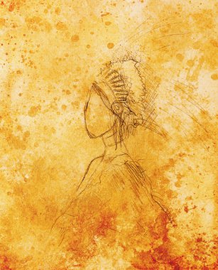 Kağıt, Kızılderili kadın ve saç tüyler karakalem. Renk efekti.