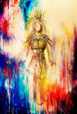 Kağıt, Kızılderili kadın ve tüyleri ve ok saç karakalem. Renk efekti.