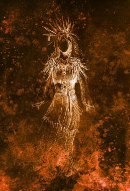 Kağıt, Kızılderili kadın ve tüyleri ve ok saç karakalem. Renk efekti.