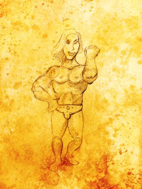 Funny Bodybuilder, pencil sketch on paper, sepia and vintage effect.