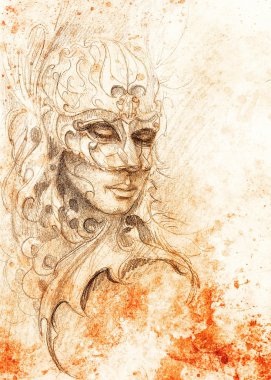 kadın ve süs maskesi. kağıt üzerinde renk efekti karakalem.