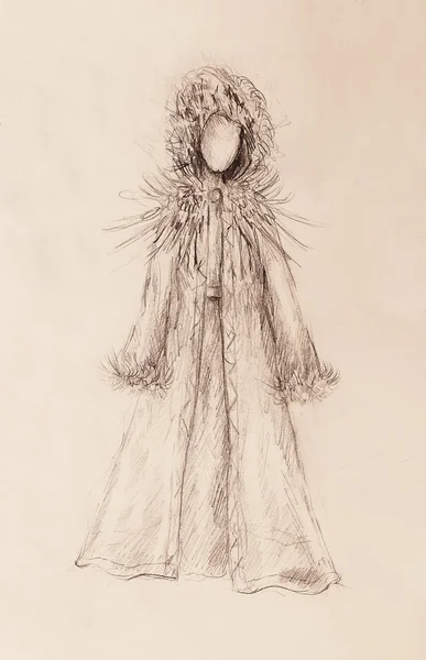 Dibujo a lápiz sobre papel, mujer con pelaje y plumas . —  Fotos de Stock