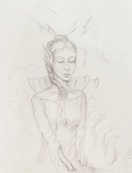 Dessin de femme elfe, croquis au crayon sur papier . — Photo