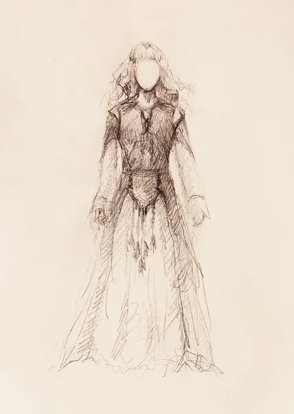 여자 장식 드레스, 종이, 세피아와 빈티지 효과에 연필 스케치 그리기. — 스톡 사진