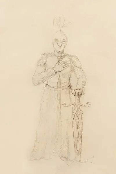 Zeichnung eines Ritters mit Schwert, Bleistiftskizze auf Papier. — Stockfoto